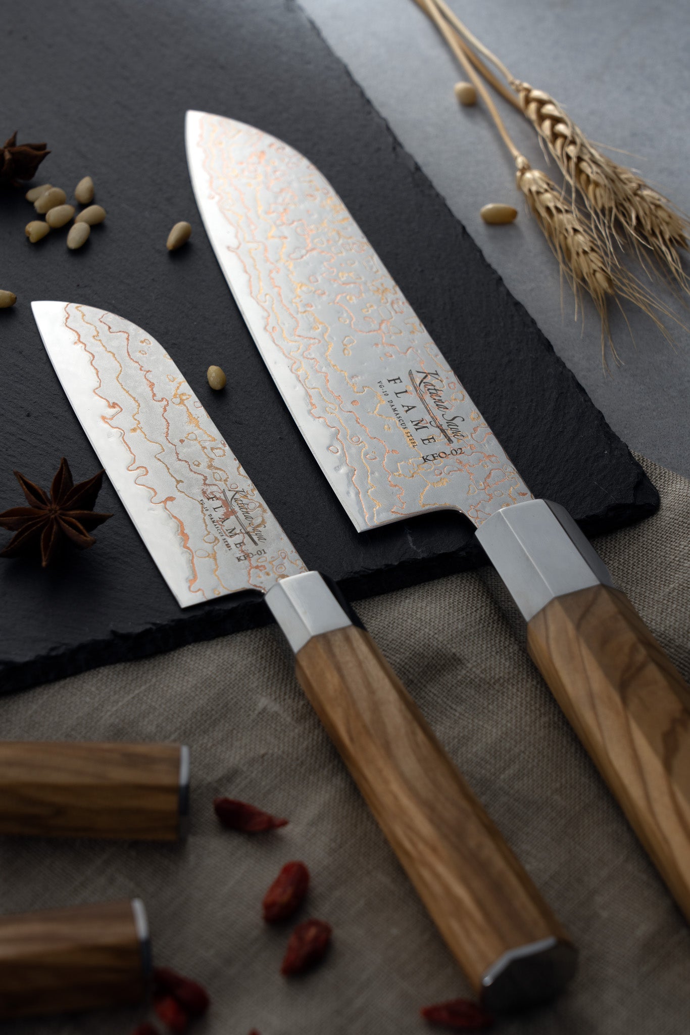 Katana Saya Flame 12cm Santoku Knife Olive Wood