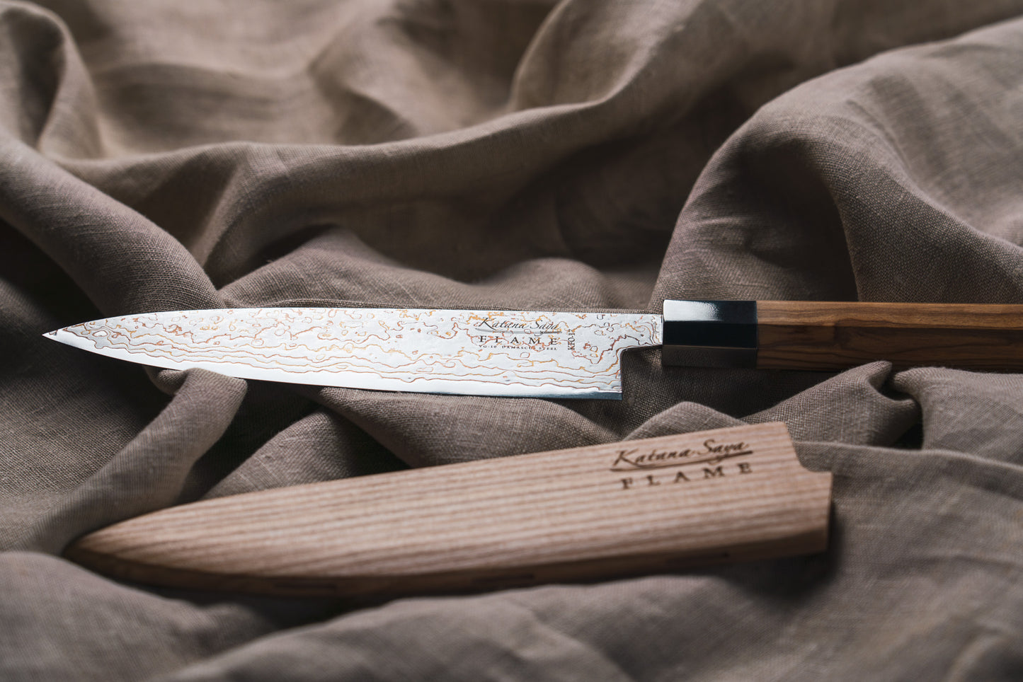 Katana Saya Flame Chef's Knife 20cm Olive Wood