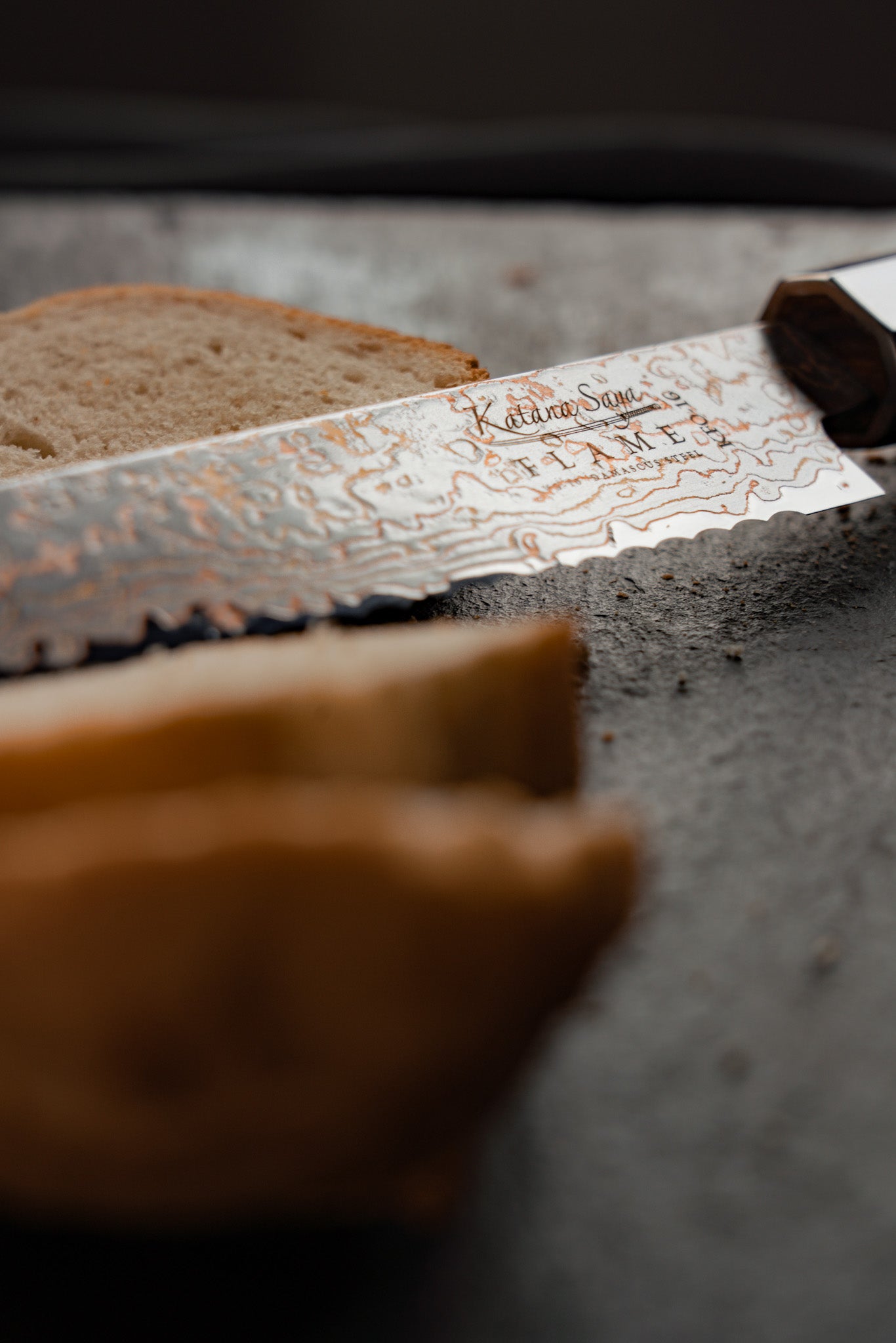 Katana Saya Flame Bread Knife 20cm Olive Wood