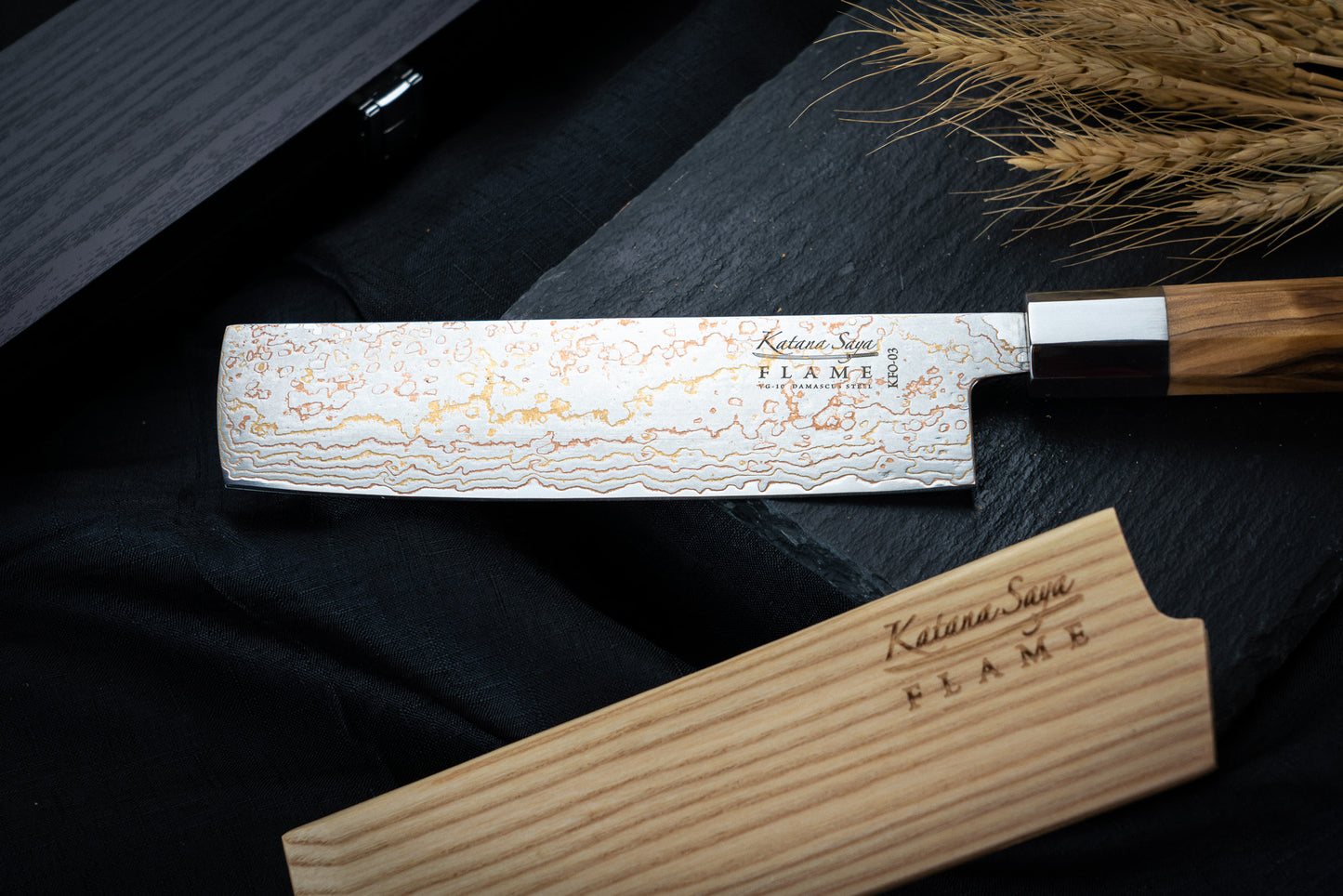 Katana Saya Flame 18cm Nakiri Knife Olive Wood
