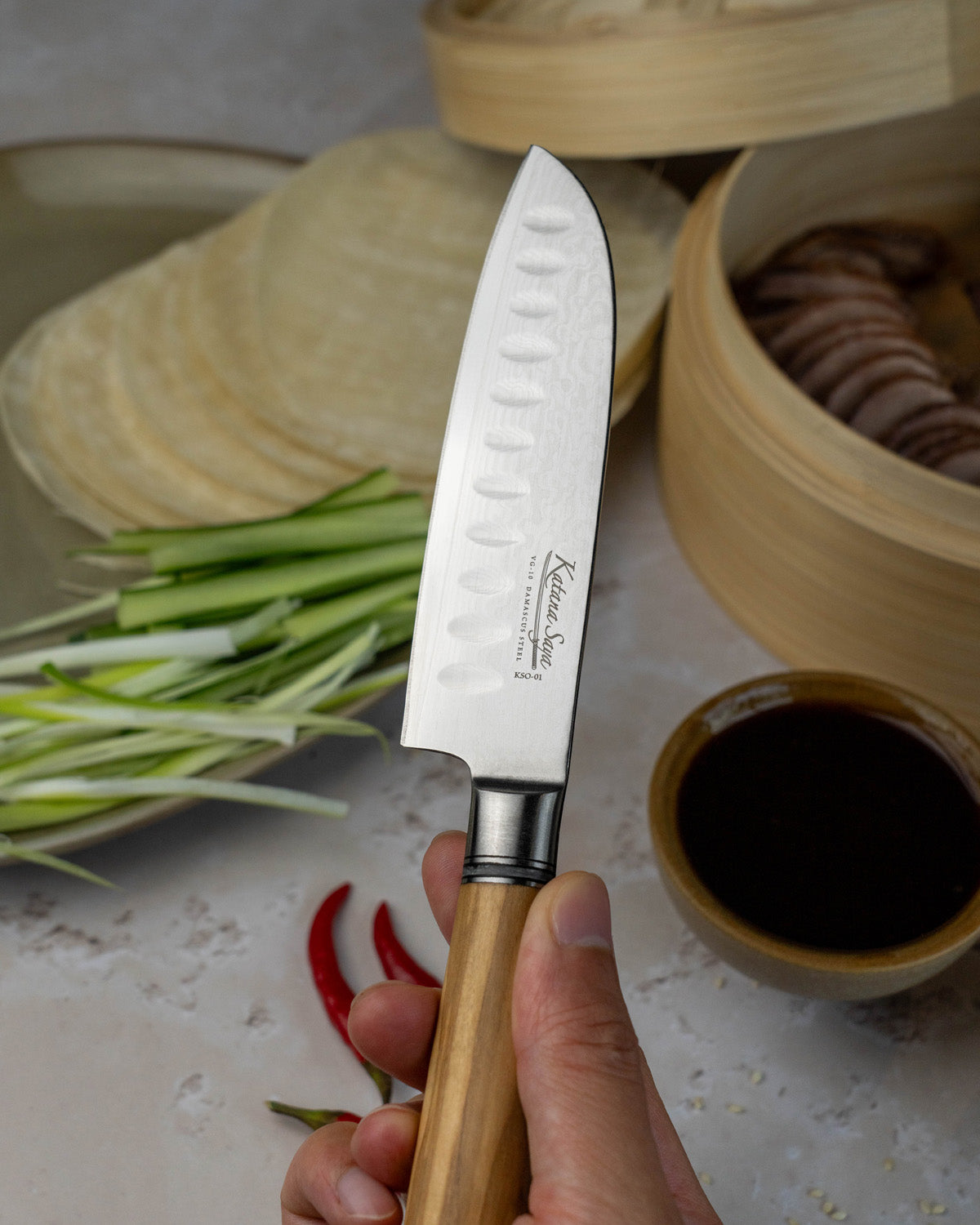 Katana Saya Olive Wood Santoku Knife 12cm