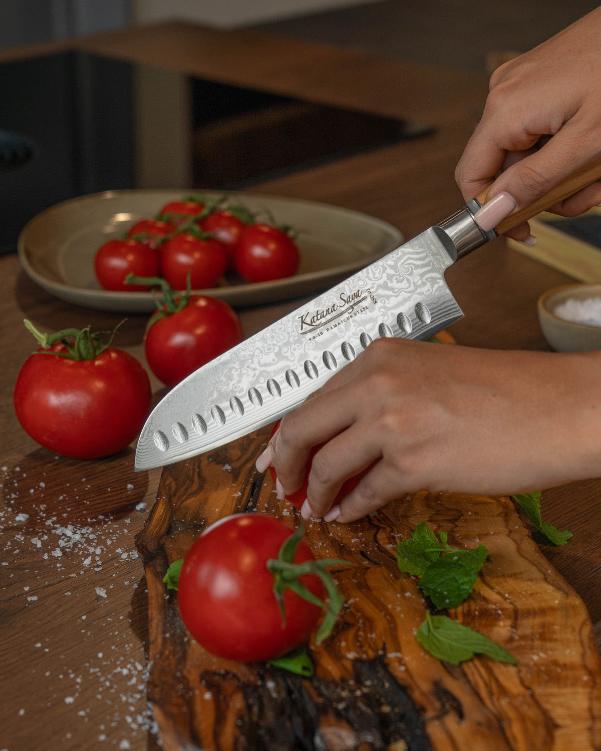 Katana Saya Olive Wood Santoku Knife 18cm
